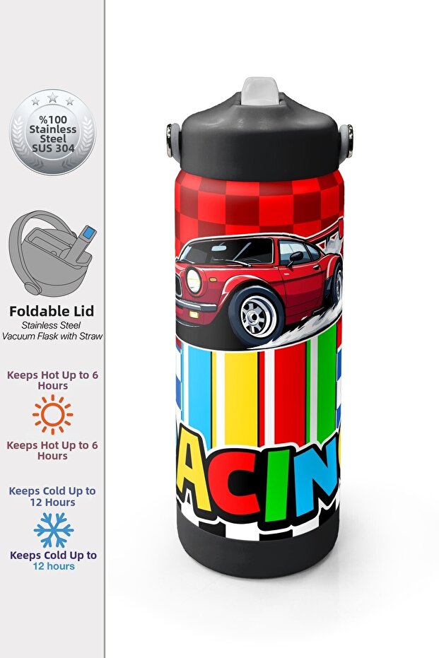 Red Car Patterned Steel Thermos with Folding Spout 650 ml 38339