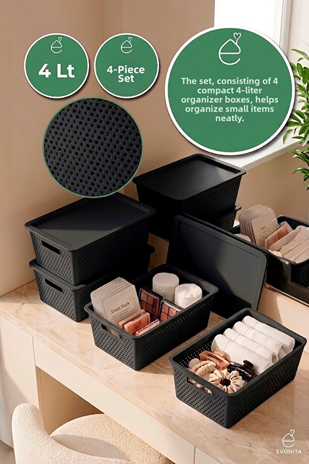 4-Piece Storage Box with Lid 4 Lt Multi-Purpose Organizer Bathroom Kitchen Cabinet Organizer