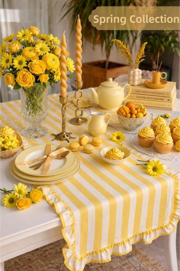 Runner Yellow White Striped Ruffled Vintage Duck Linen 40X130Cm