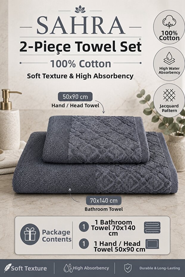 Sahara | 2-Piece Bath Towel Set | Towel | Bath Towel I Hammam Set I Dowry Towel | (70 X 140 cm - 50 X 90 cm)