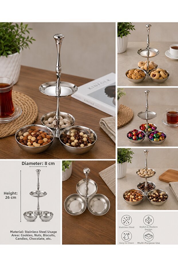 Stainless Steel 3-Compartment Layered Snack Bowl 26 cm Nut Serving Tray