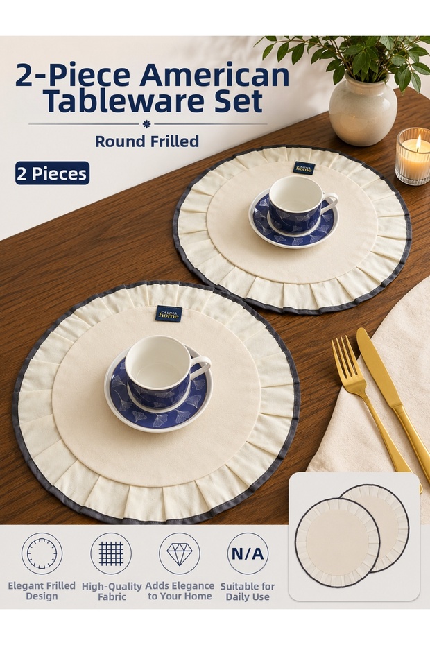 2-Piece Linen White Ruffled American Service Set for Tables Round/Supla