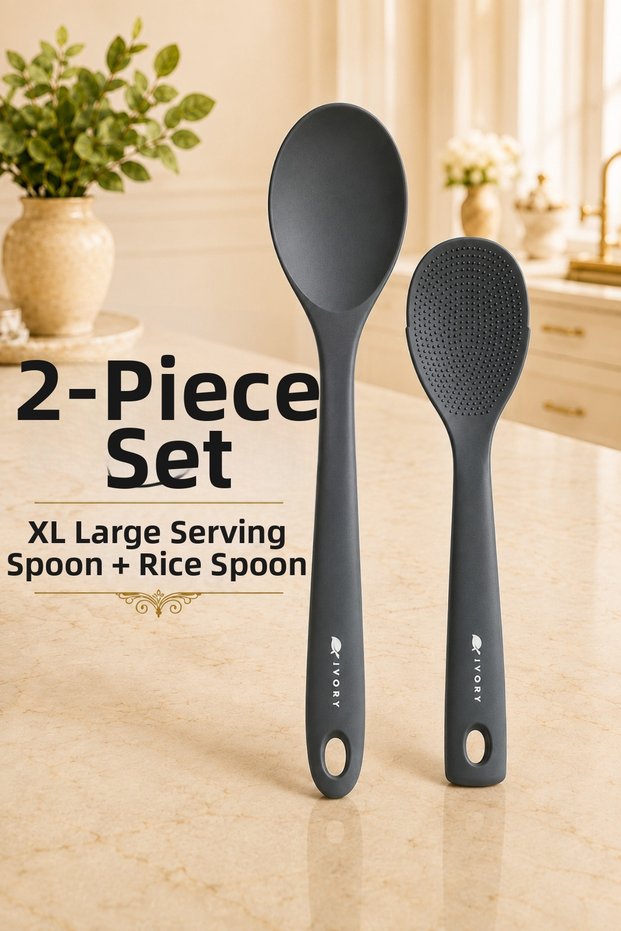 Ivory Set of 2 XL Serving Spoons and Rice Spoons Set, Non-Stick Cookware Compatible Kitchen Serving Utensils