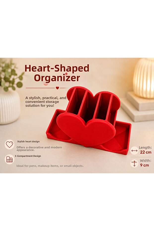 Heart Design Makeup Organizer Red 3 Compartment Desktop Organizer 22X9 cm