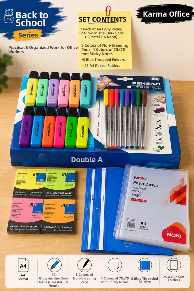 Mavi Set Double a A4 Photocopy Paper | 12 Highlighter Pens | 8 Colors Ballpoint Pen | Adhesive Note | Telli Dosya | Pouch File Set