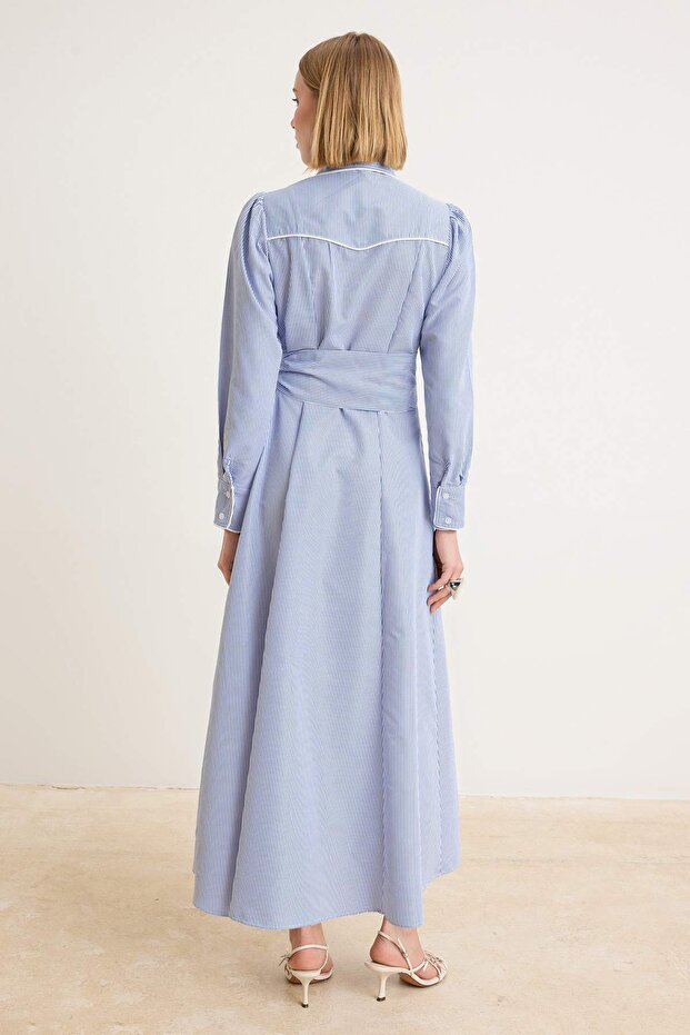 Açık Mavi Astarsız Çizgili Dokuma Terrycotton Tesettür Elbise TCTSS26EB00106 - 4