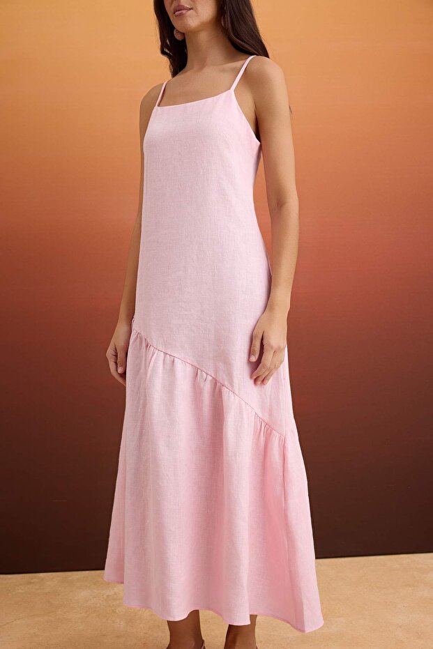 Pembe %100 Keten Askılı Maxi Dokuma Elbise TWOSS26EL00588 - 3