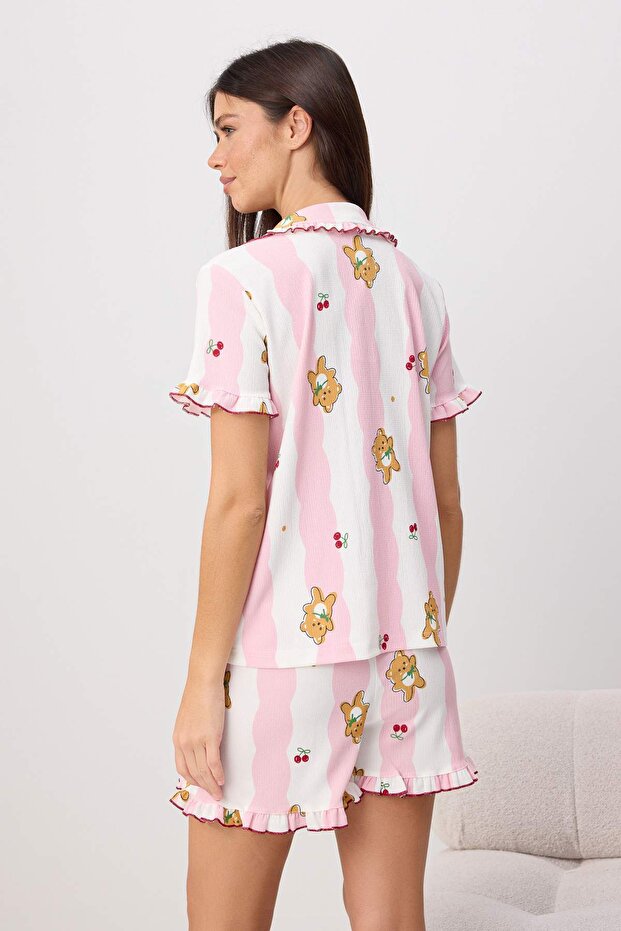 Pembe Çizgi ve Ayıcık Desenli Fırfırlı Bürümcük Örme Pijama Takımı THMSS26PT00226 - 4