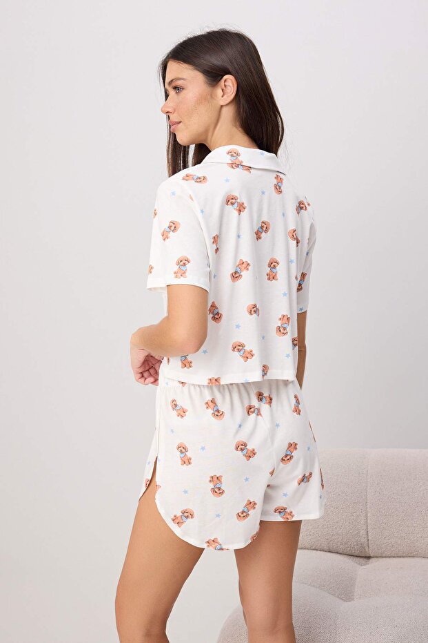 Ekru %100 Pamuklu Köpek Desenli Örme Pijama Takımı THMSS26PT00178 - 4