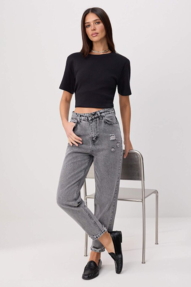 Gri Yüksek Bel %100 Pamuk Non-Stretch Mom Jeans TWOSS26JE00360 - 2