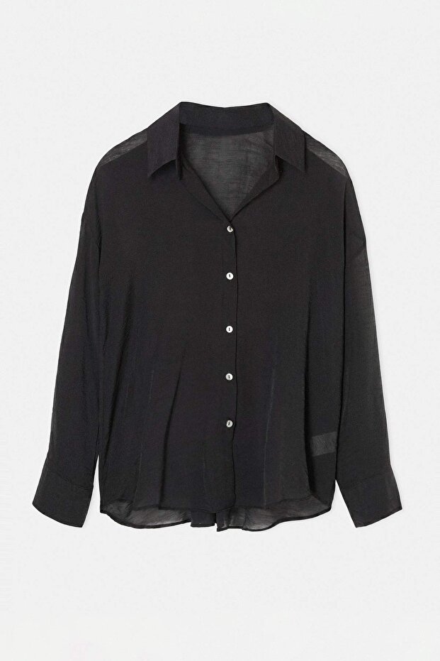 Siyah V Yaka İnce Dokulu Oversize Yazlık Gömlek TDRSS26GO00113
