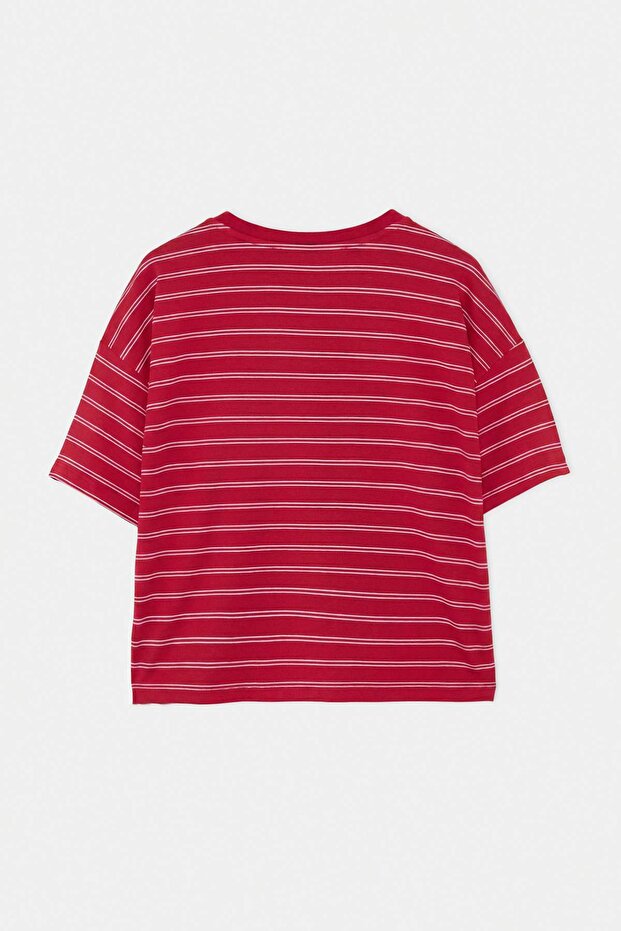 Bordo Çizgili Boxy/Relaxed Kalıp Kısa Kollu Pamuk Karışımlı Örme T-Shirt TBBSS26BF00088 - 6