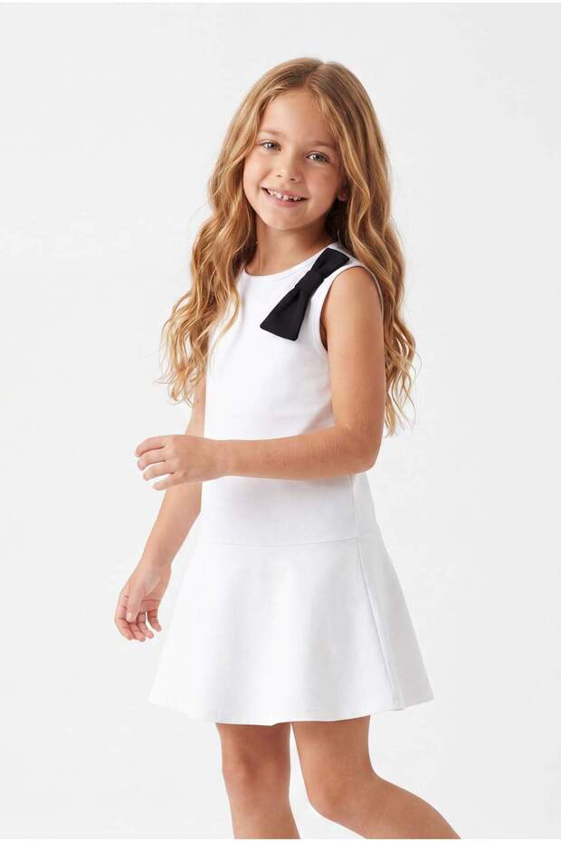 Beyaz Fiyonk Detaylı Kız Çocuk Mini/ Kısa Düz Örme Elbise TKDSS26EL00001 - 2