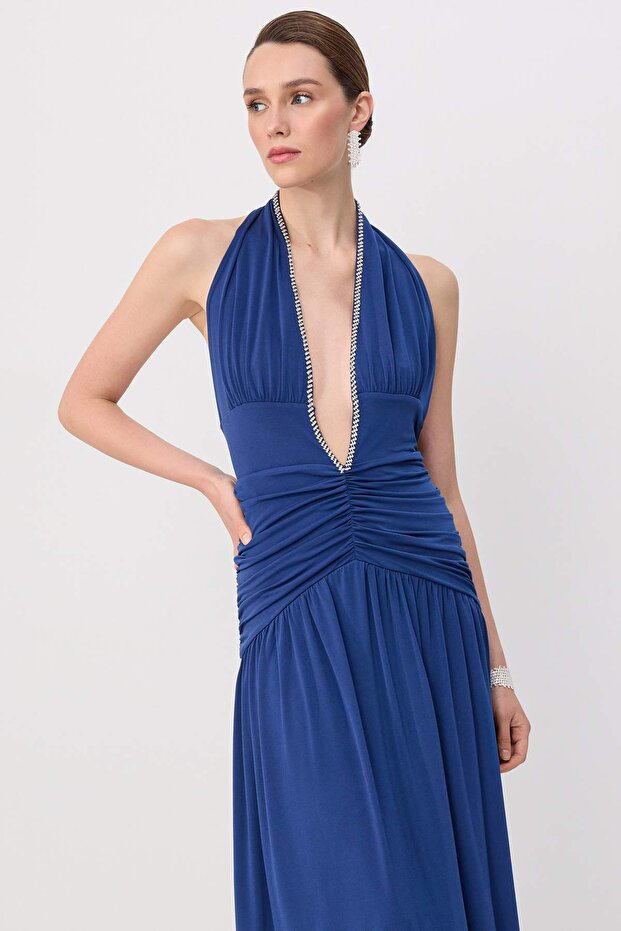 Navy Blue Stone Accessory Deep V Neckline Maxi Evening & Graduation Dress Tprss26Ae00167