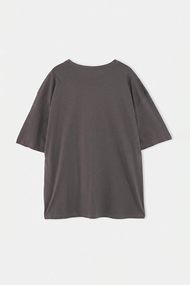 Büyük Beden Antrasit Oversize/Geniş %100 Pamuk Slogan Baskılı T-Shirt TMNSS26BF00004 - 6