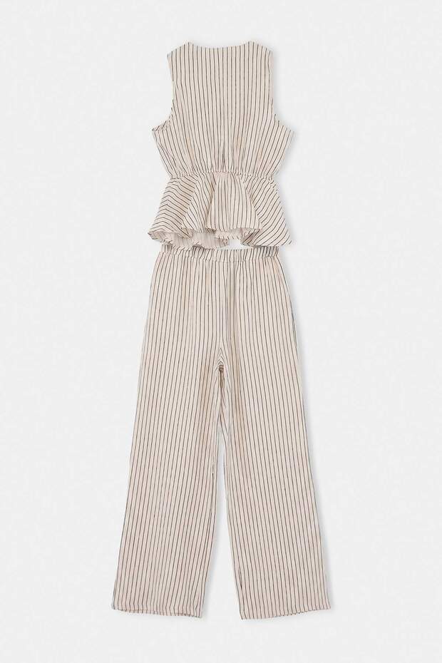 Bej Çizgil Peplum Bluz Geniş Paça Pantolon Dokuma Alt - Üst Takım TWOSS26AU00294 - 4
