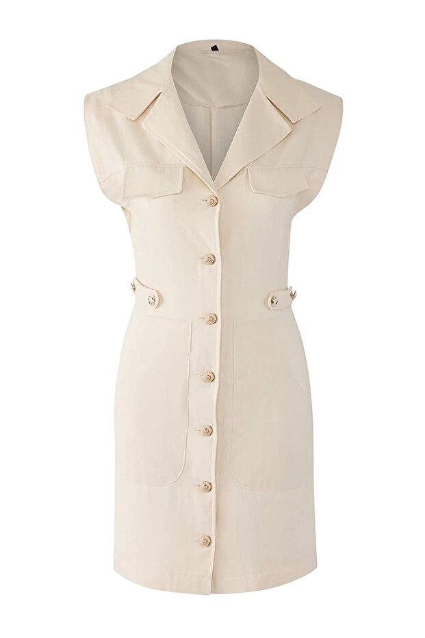Ekru Düğme Detaylı Gabardin Mini Dokuma Gömlek Elbise TWOSS22EL2970 - 7