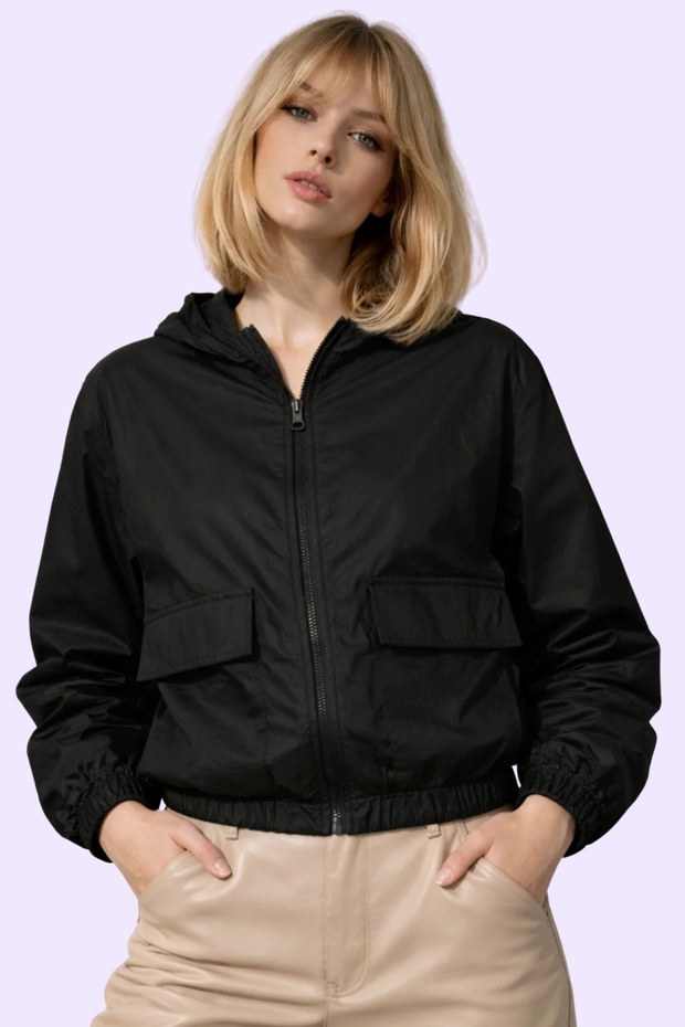 Women's Black Waterproof Windproof Crinkle Fabric Hooded Raincoat - Windbreaker