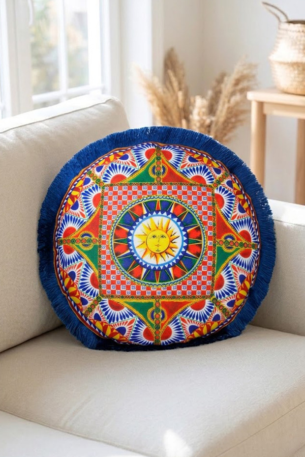 Saxe Tasseled, Ethnic Sun Patterned Round Throw Pillow Diameter: 43cm (Inner Padding Included)