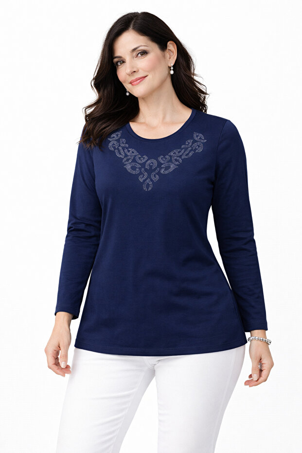 New Pattern Stone Embroidered Round Neck L Stretch Fabric Mother Combed Cotton Blouse 6670