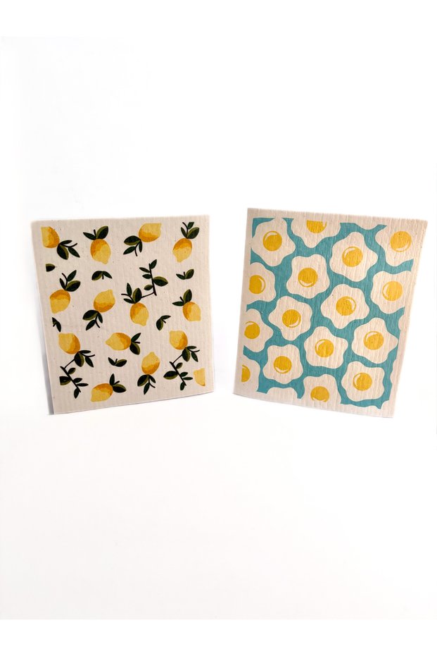 Swedish Dishcloth Cotton Cellulose Blend Long-Lasting Ultra Absorbent Multi-Purpose Cleaning Cloth Set of 2 - Lemon, Egg