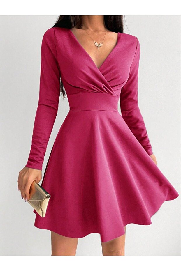 Women's Pink Double Breasted Collar Crepe Fabric Long Sleeve Flared Dress 4F-2199