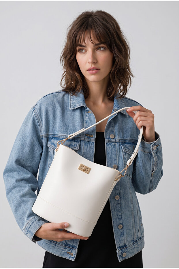 Women's White Wallet Detailed Bucket Model Hand and Shoulder Bag Molina