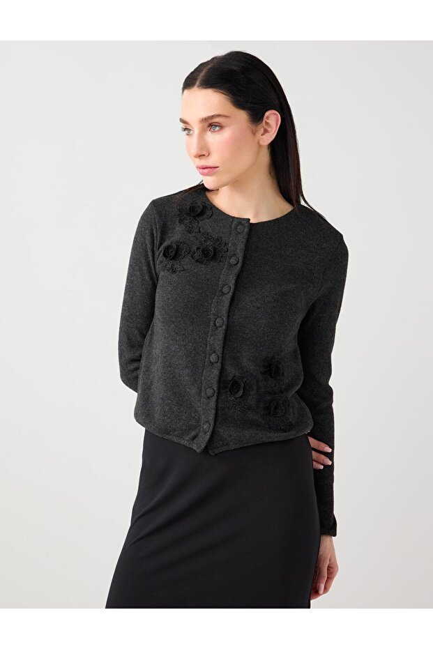 Anthracite Melange Embroidery Detailed Soft Textured Knitted Cardigan