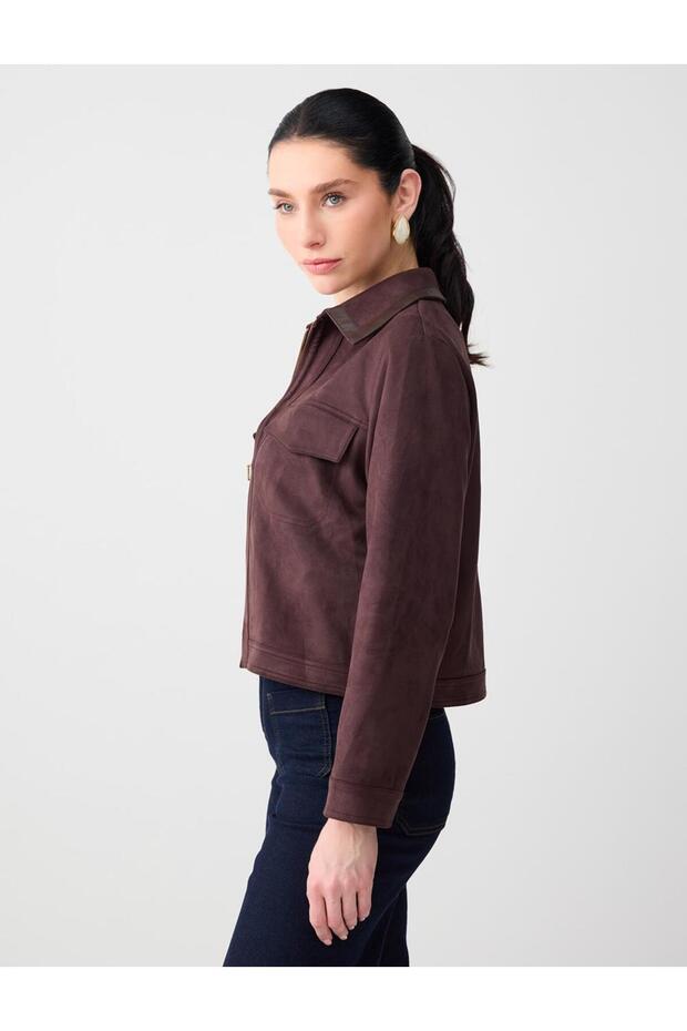 Bitter Brown Polo Collar Zipper Detailed Suede Jacket