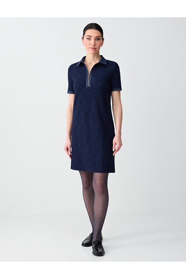 Navy Blue Polo Collar Short Sleeve Zipper Detailed Knitted Mini Dress