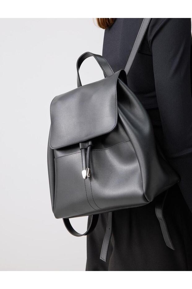 Black leather look backpack - 1