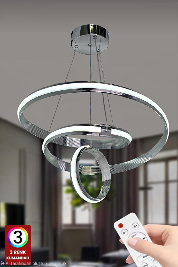 FUZON Mars XL 3 Renk Kumandalı Krom Salon Led Avize Ledli Avize Büyük Salon Avizesi