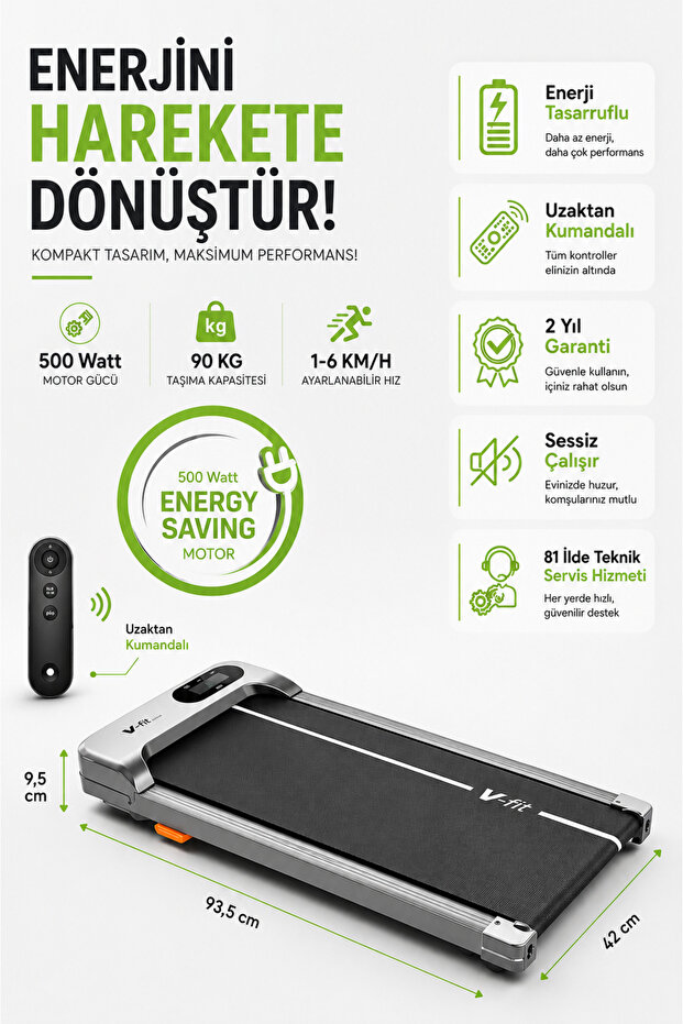 VFİT V-Fit Flat Koşu Bandı 34x79 cm Minimal Yürüyüş Bandı Uzaktan Kumandalı & Eğimli