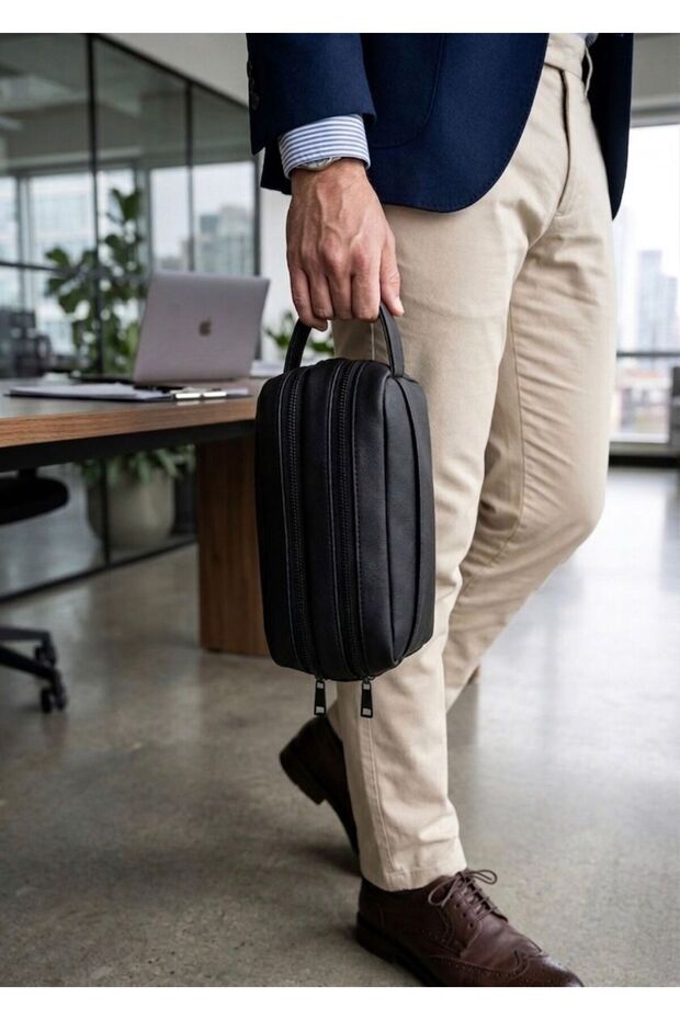 Men's Clutch Bag 3-Compartment Faux Leather Day Portfolio Bag - Black Hand Organizer