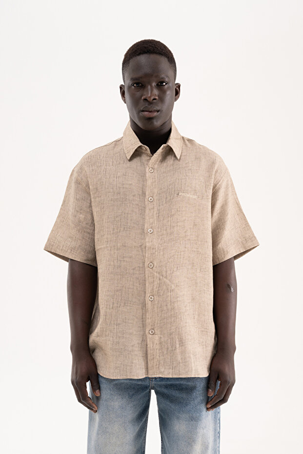 Men's Embroidered Muslin Cotton Oversize Shirt Beige