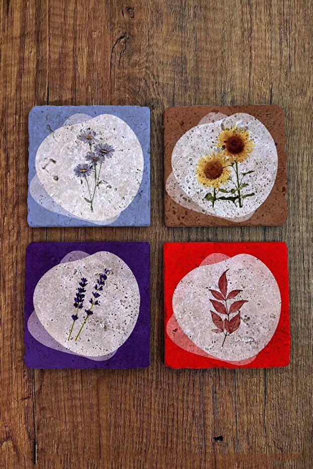 Natural Stone Coaster Set of 4 - Floral Patterned Coaster - Stone Coasters