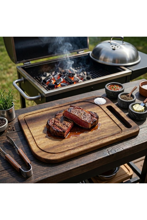 Refurbished Now One Piece Iroko Wood Wooden Steak Meat Cutting Presentation Chopping Kitchen Board with Seasoning Container