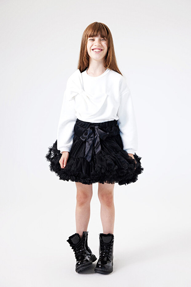 Ecru Long Sleeve Girls' Sweatshirt with Bow on the Front - Sophie