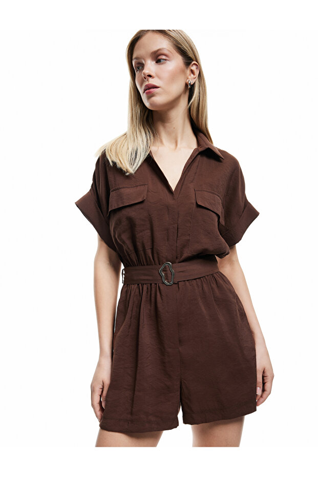 Belted Pocket Shirt Collar Short Sleeve Modal Fabric Shorts Jumpsuit