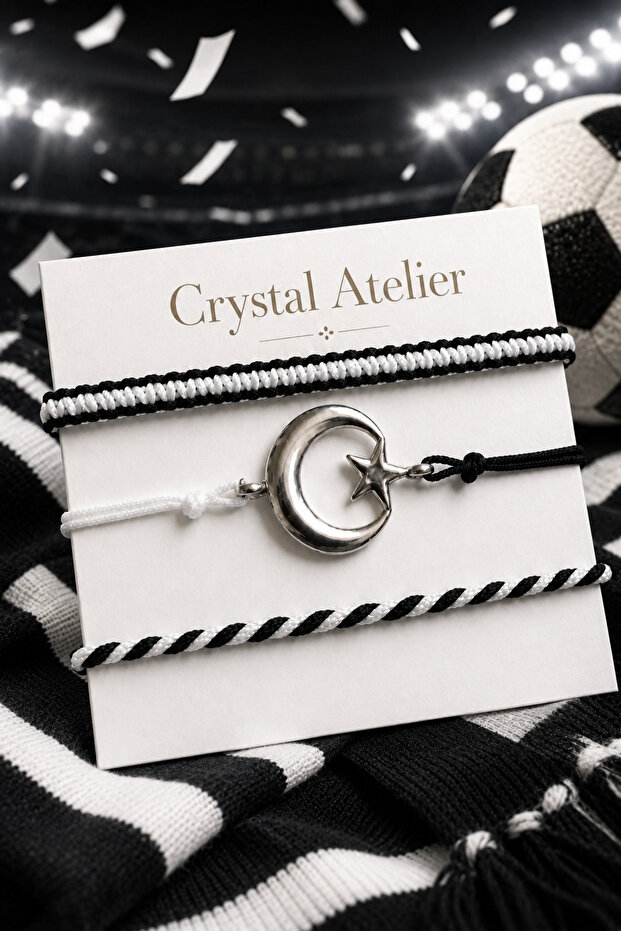 Black and White Moon and Star Bracelet Set - Black and White Fan Bracelet (Handmade Adjustable Macrame)