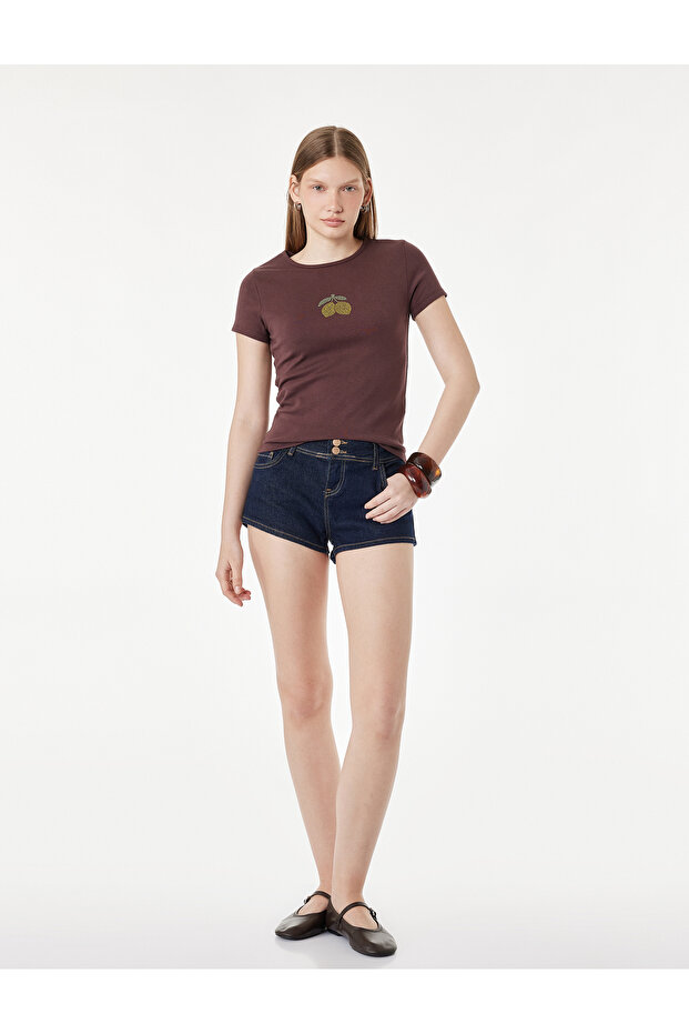 Cotton Stone Detailed Crew Neck Short Sleeve Lemon Printed T-Shirt