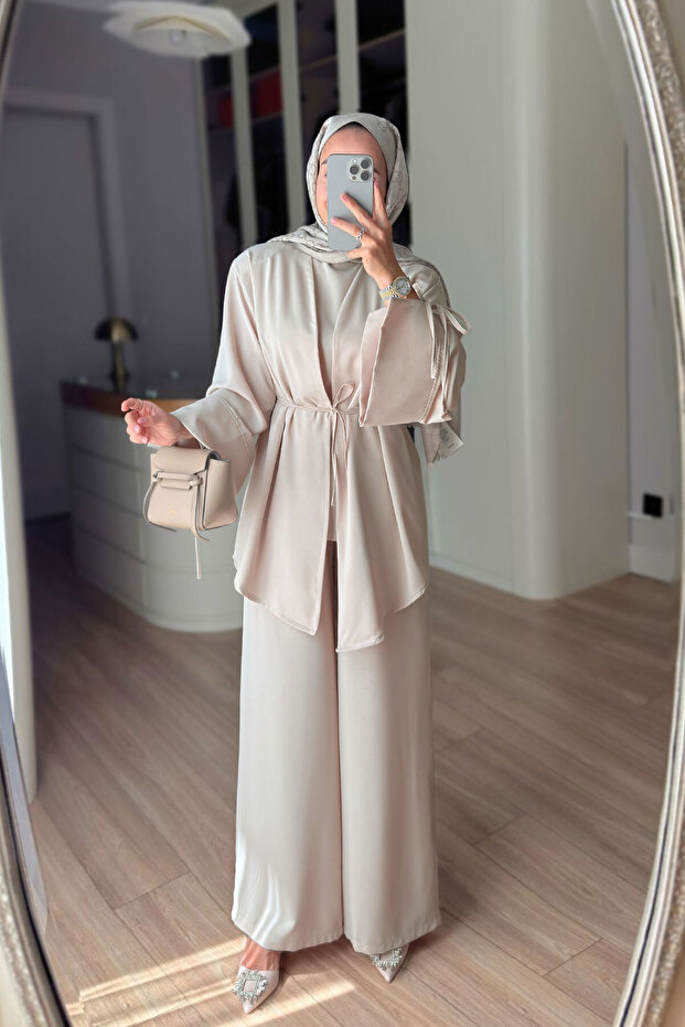 Draped Three-Piece Set with Sleeve Detail - Beige