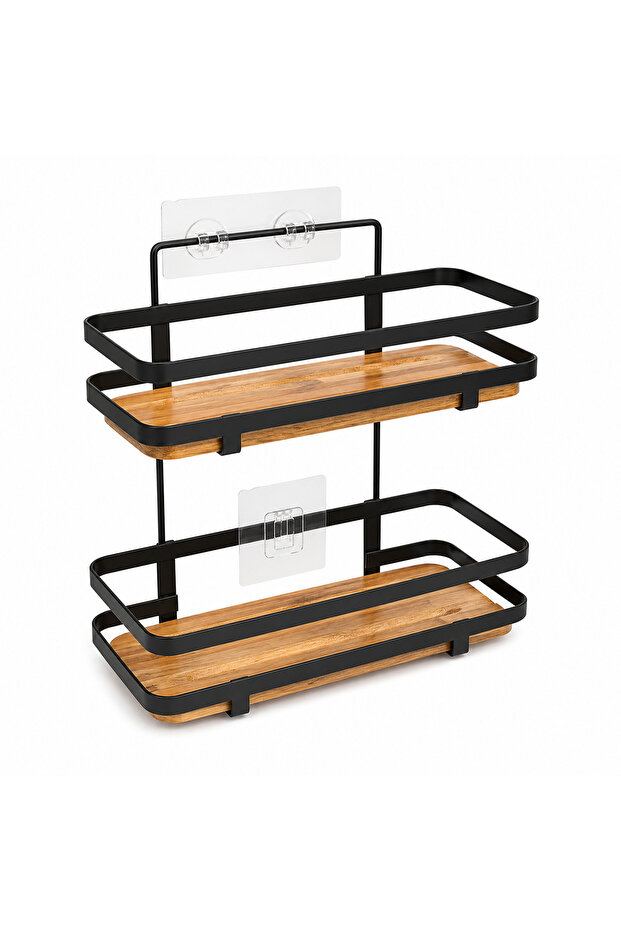 Premium double shelf for bathroom or kitchen, 5Five Simply Smart, installation without drilling, durable adhesive backing, metal and wood, black with wood look - 1