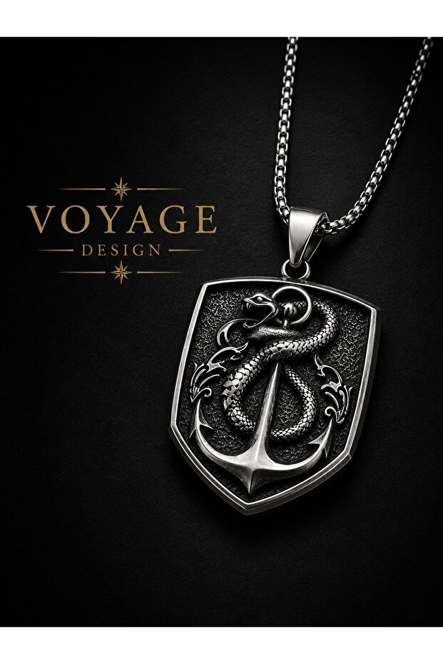 Stainless Steel Snake Detailed Sailor Anchor Necklace / 60 cm Chain