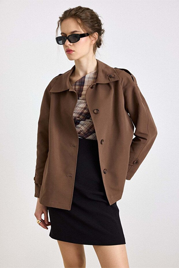 Apolet Detailed Water-Repellent Features a Unlined Short Trench Coat Brown 6834