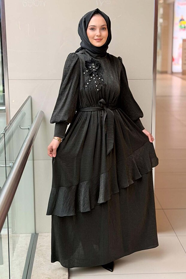 Floral Detailed Collar and Waist Drawstring Belted Evening Dress