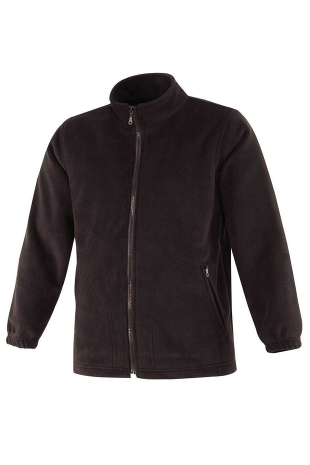 Men's Black Zippered Fleece Coat with Pockets, Adjustable Drawstring Detail, Elastic Cuffs, Stand-Up Collar