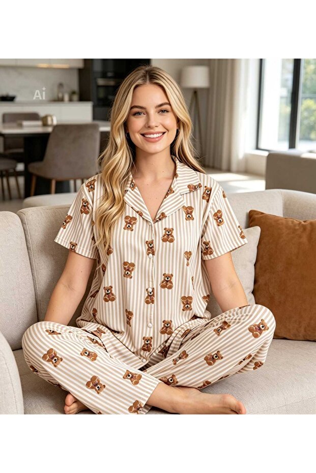 Cream Brown Striped Teddy Bear Pattern Shirt Collar Button Milan Fabric Women's Pajama Set