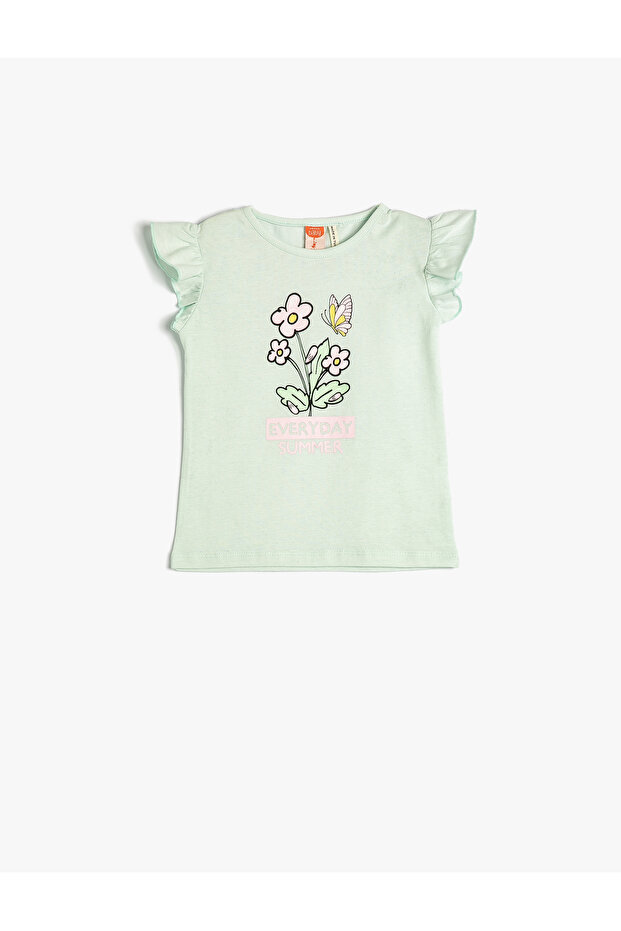 T-Shirt Crew Neck Sleeveless Ruffle Floral Printed Cotton