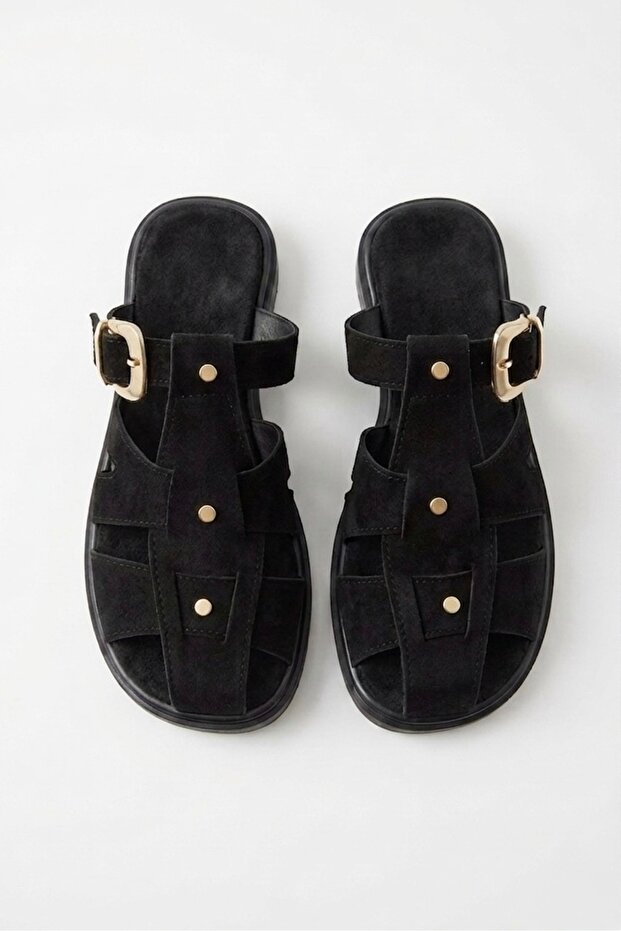 Black Women's Suede Caged Slippers - Buckle Gladiator Slippers